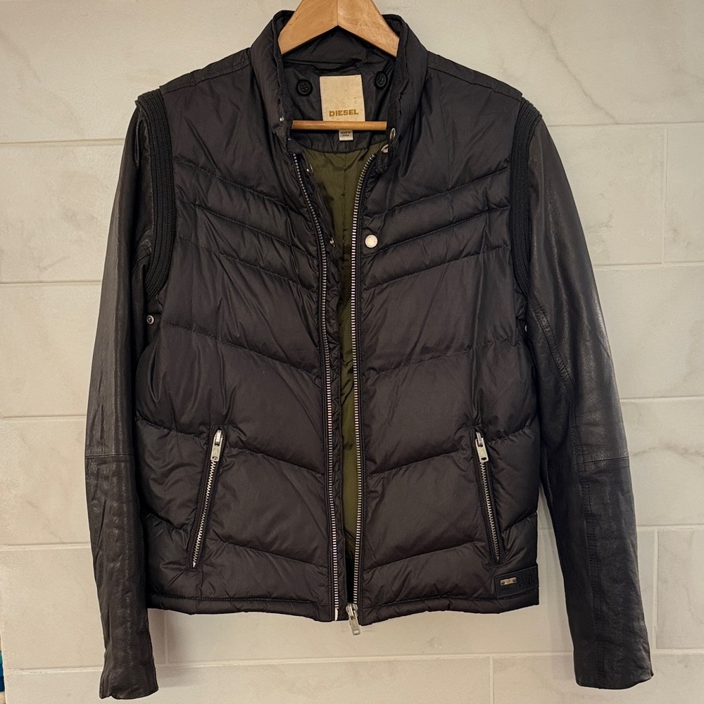 Diesel Black /Olive Men's Down Jacket with removable leather sleeves.